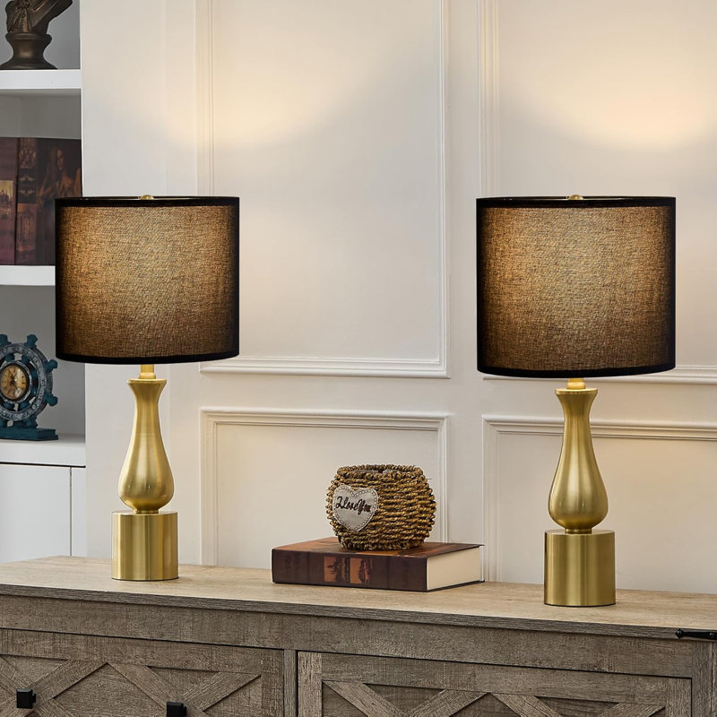 Modern Black And Gold Table Lamps Set Of 2 For Living Room, Bedroom, Nightstand, End Table, Or Small Spaces With Linen Lampshade - Mid-Century Minimalist Design