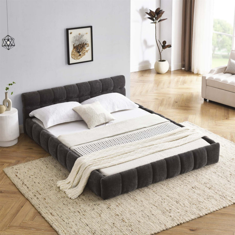 Structure de lit tapissier avec tissu épais et tête de lit, Grand lit, Beige