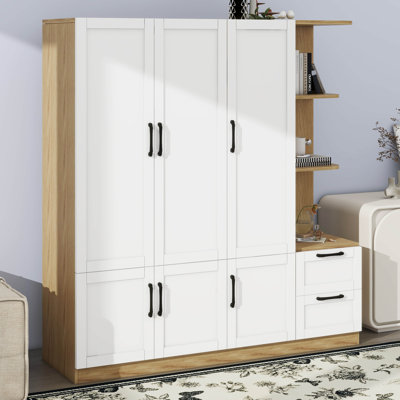 Élégante garde-robe de rangement en bois à 3 portes, deux tringles et tablettes