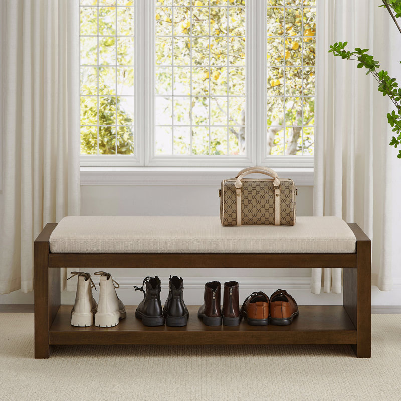 Accent Bench With Lower Shelf Shoe Rack, Padded Seating Bench, Beige, 18.5" H x 47" W x 16.25" D