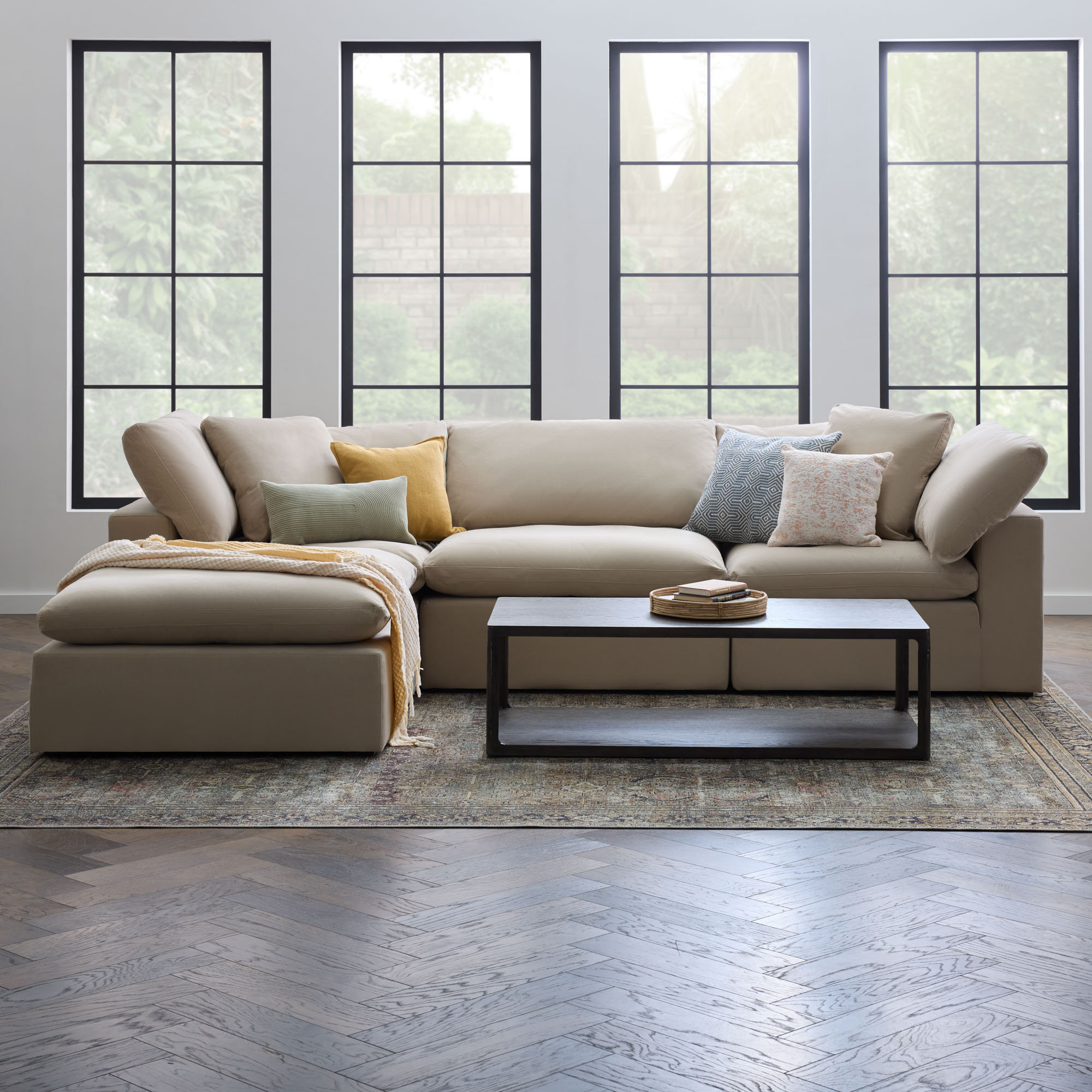 Calana Luxe Modular Sectional, 4 Piece (2 Corner, 1 Armless, 1 Ottoman), Almond Revolution Performance Fabrics