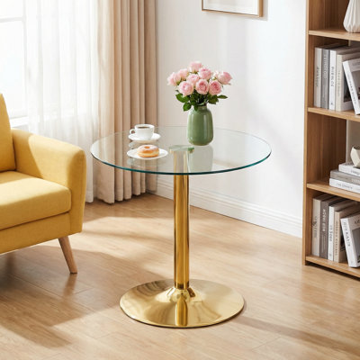 Modern 35'' Round Glass Top Dining Table With Gold Pedestal Base for 2 to 4 People