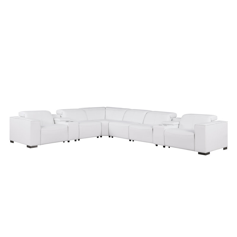 Covina Luxurious Genuine Leather 8-Piece Sectional With 4 Power Reclining Seats & Power Headrest, White
