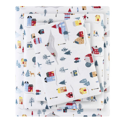 Ensemble de draps 4 pièces à imprimé très grand - imprimé blanc de village, flanelle 100% coton, doux au toucher, lavable à la machine, avec drap plat, 2 taies d'oreiller ajustées, convient aux matelas jusqu'à 14 po