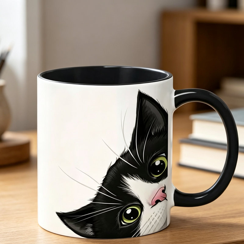 1pc Handcrafted Ceramic Mug with Black & White Cat Face - Cute Kitty Cup & Tea Cup, Minimalist Cat Lover Gift for &, Christmas.