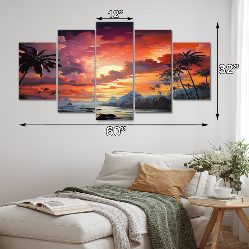 «Coral Palm Trees Landscape II», reproduction d'art sur toile - 5 panneaux