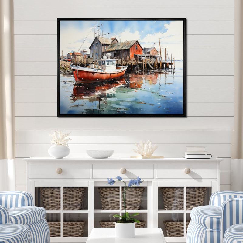 Port Portside Reflection Pointillism I sur impression sur toile, H 34 po x l 44 po x P 1,5 po, Cadre flottant noir