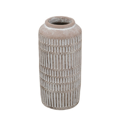 Vase décoratif 5,5 x 5,5 x 12 po sable brun et ciment avec texture côtelée terreuse
