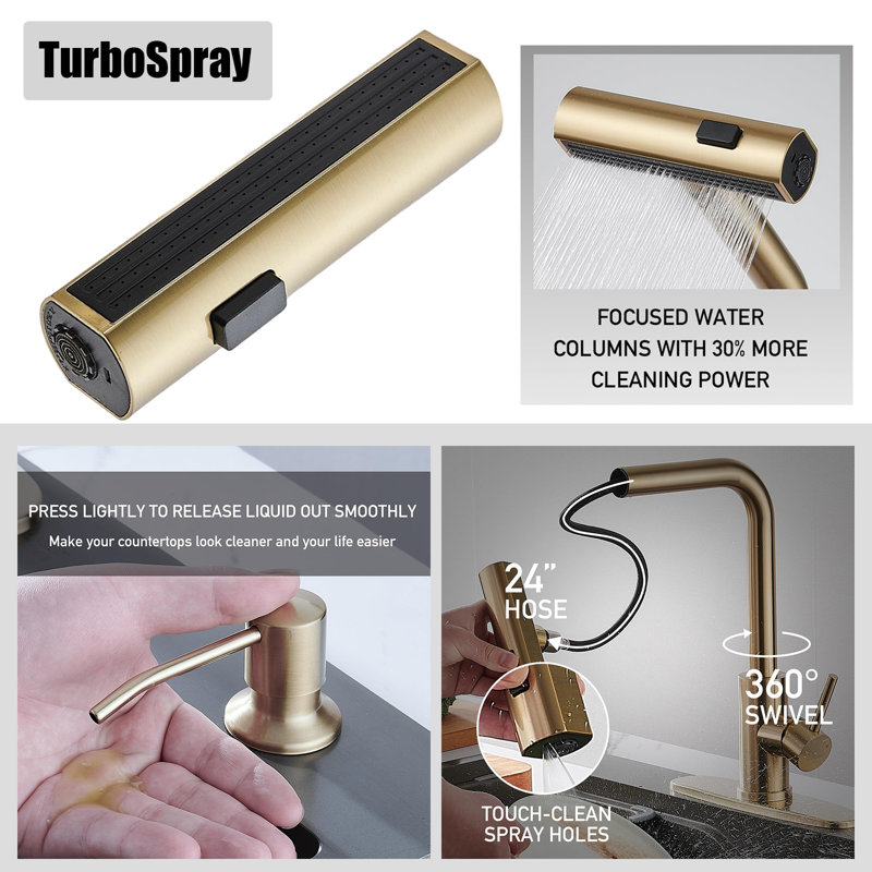 Modern Stainless Steel Single-Lever Kitchen Faucet With Pull-Down Nozzle With Soap Dispenser, Brushed Gold