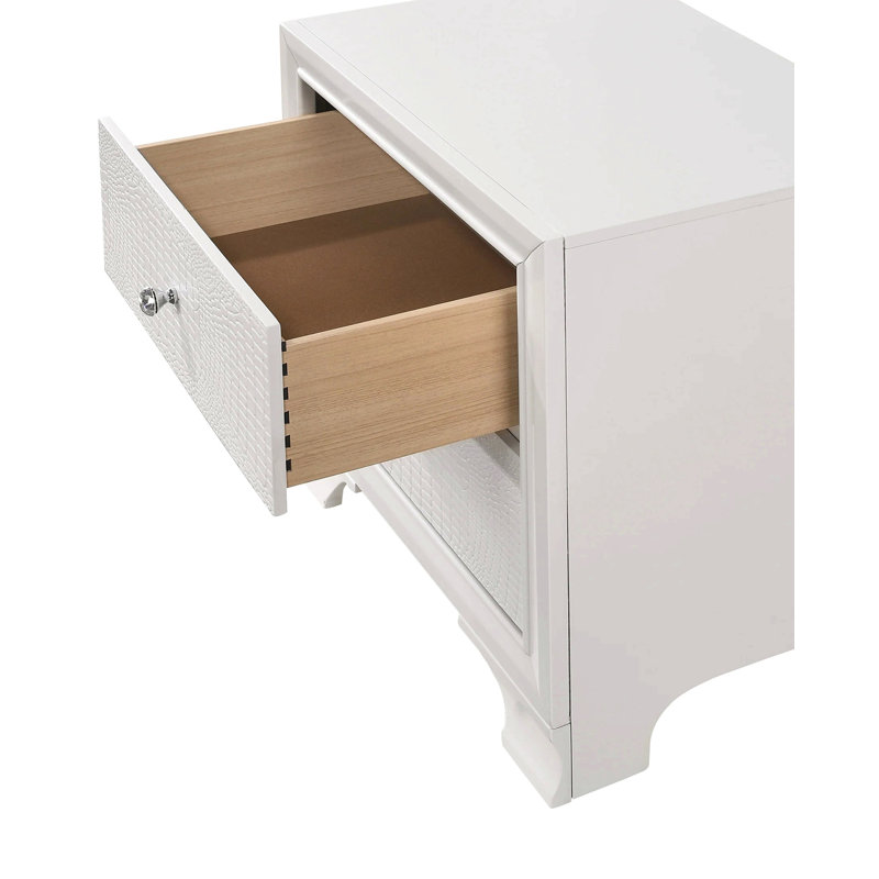 1Pc Modern Glam Style Crisp White Finish Two Drawer Nightstand Embossed Crocodile Pattern