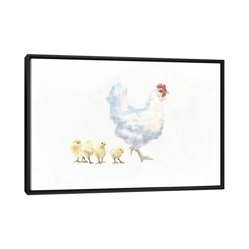 «Hen and Chickens», impression sur toile tendue, Toile avec cadre noir, Pas de tapis, H 32 po x l 48 po x P 1,5 po
