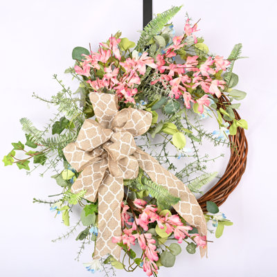 24" Spring Summer Floral Forsythia Bow Wreath for Front Door