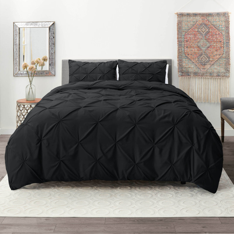 Double Brushed Pleated Duvet Cover Set, Cal. King Duvet Cover + 2 Standard Pillowcases, Black