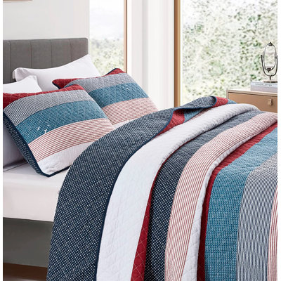  Red/Blue/Black Pre-Washed Cotton Striped Quilt Set 