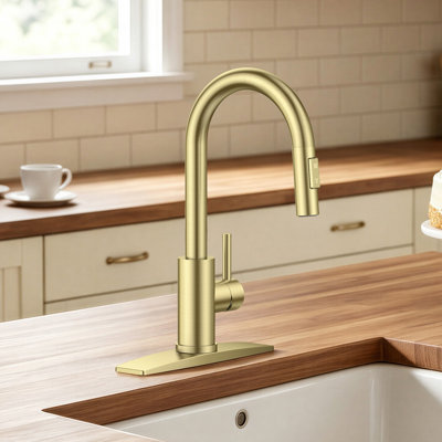 FORIOUS Pull Down Single Handle Kitchen Faucet With Deck Plate, Handles and Supply Lines