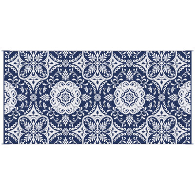 Reversible Outdoor Mat, 9' X 18', Waterproof Polypropylene Plastic Straw Rug, Blue & White Floral, With Carry Bag For Camping, Picnic, Beach, Backyard, Deck Carpet Portable Deck, Rv