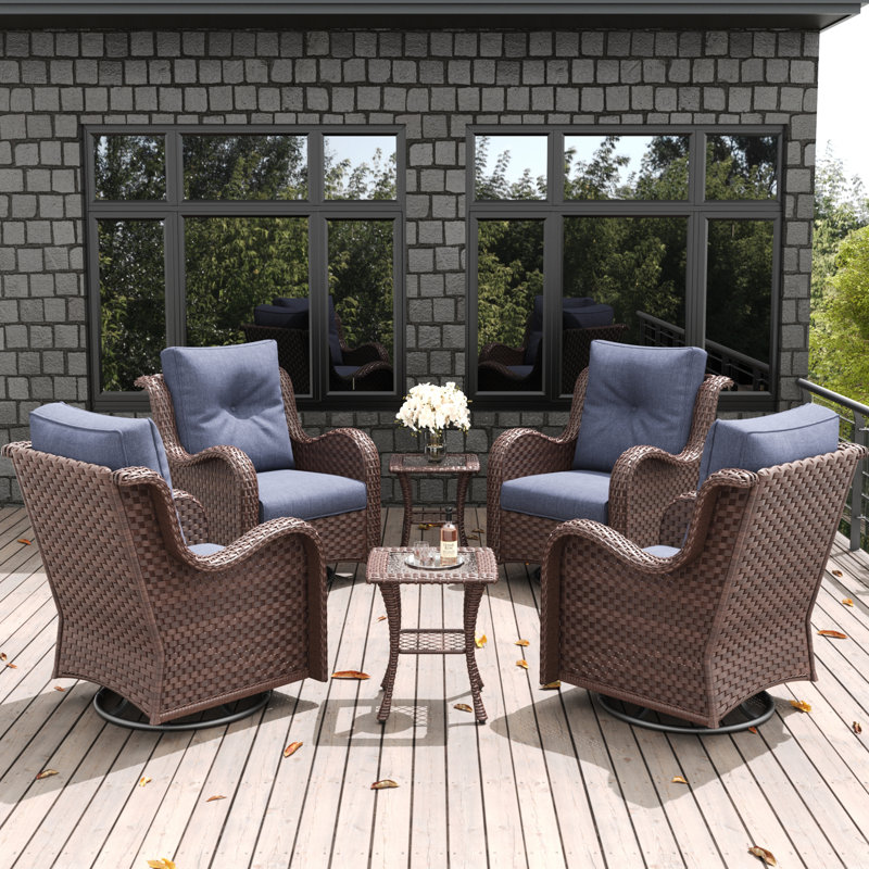 LayinSun 6 Pieces Swivel Rocker Patio Chairs Set With Side Table, Navy, Brown