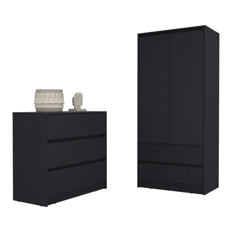 Ensemble de chambre à coucher 2 pièces, commode et armoire, Noir
