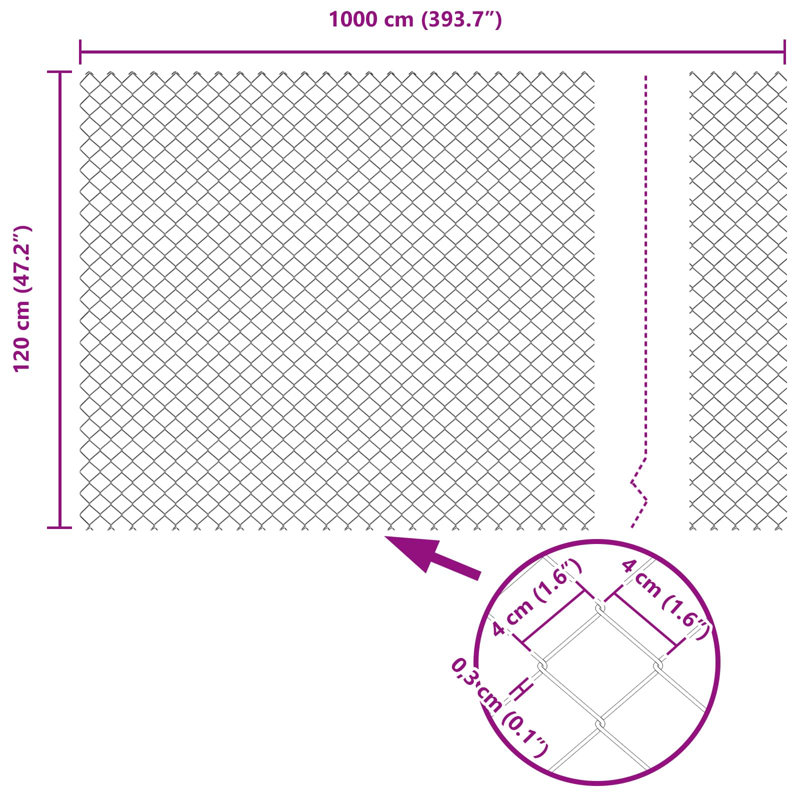 Vidaxl Chain Link Fence Steel, Green, 120cm H x 1000cm W x 3.2cm D
