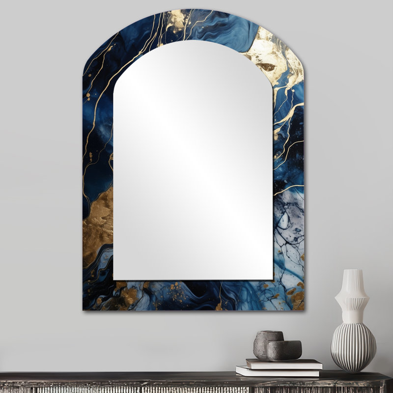 Exploring The Depths Of Blue Geode III - Marble Asymmetrical Mirror, Blue Arch Decorative Wall Mirror, Printed Metal Art