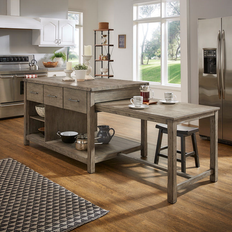 Tinka 3-Drawer Rectangle Pine Kitchen Island, Carbonized Pine, Gray