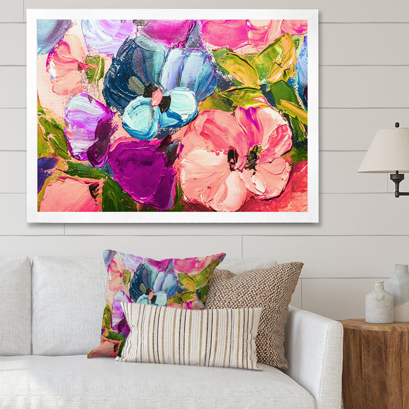 Fleurs colorées roses mauves - œuvre d'art traditionnelle sur toile, H 8 po x l 12 po x P 1 po, Cadre photo blanc