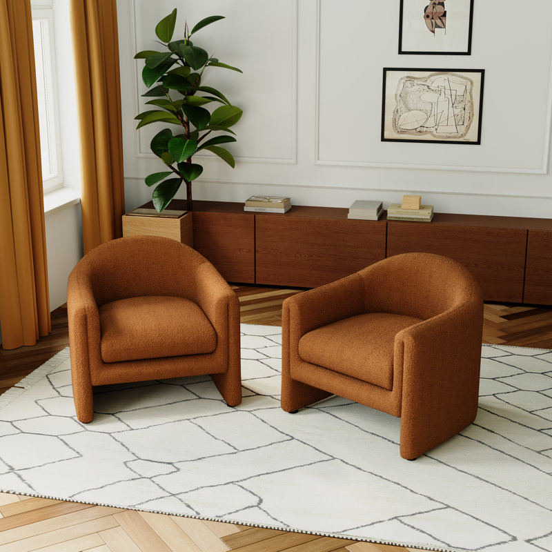 Esly Upholstered Modern Curved Rusted Orange Boucle Barrel Accent Chair, Rusted Orange Teddy