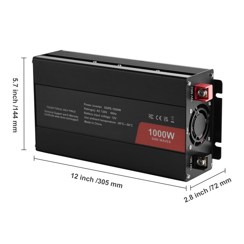 Onduleur à onde sinusoïdale 1000W pure - Convertisseur DC 12V à AC 120V avec port USB-C PD, télécommande et protection de sécurité pour la maison, les véhicules récréatifs et les systèmes solaires hors réseau