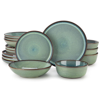  16 Piece Green Ceramic Dinnerware Set for 4,Kiln-Fired Plates,Dessert Plates,Pasta Bowls&Bowls