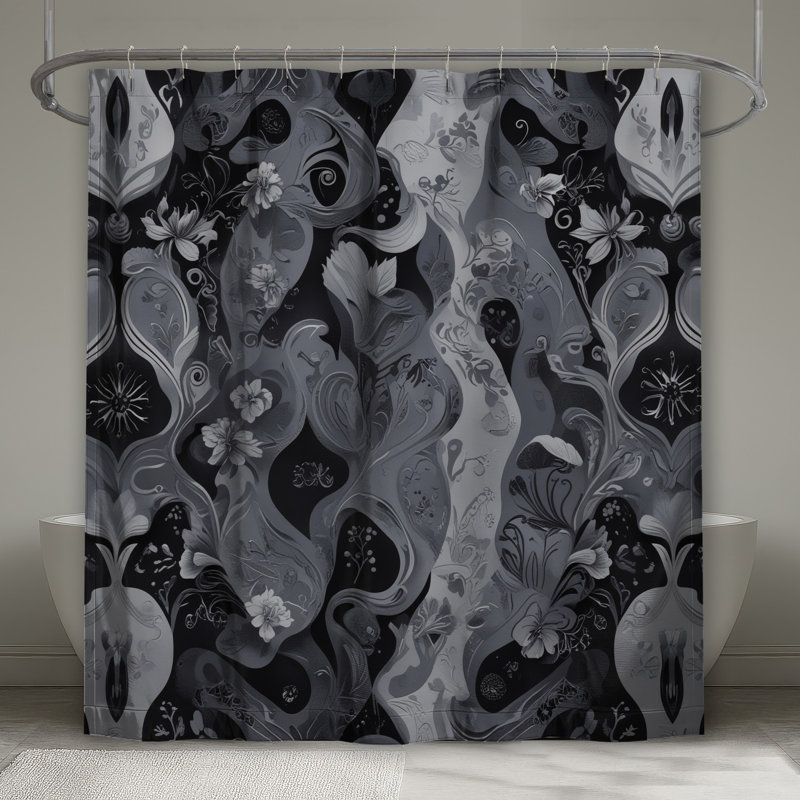 Rideaux de douche noirs et blancs à motif floral très longs, L 70 po x H 93 po