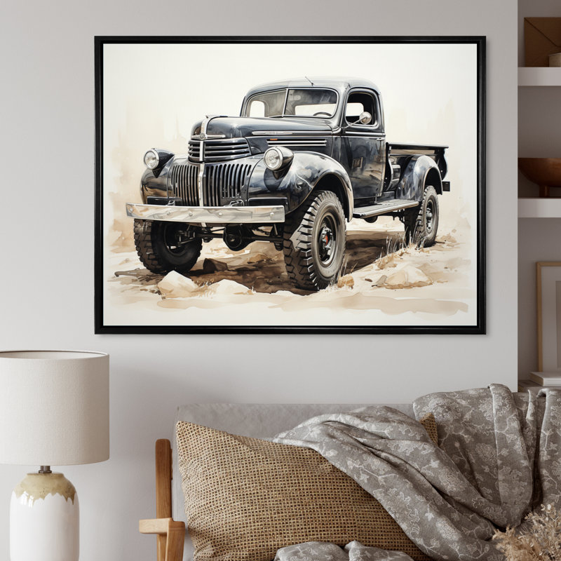 Minimalist Pickup Truck Monochrome - Transportation Wall Art Living Room, H 24 po x l 32 po x P 1 po, Cadre flottant noir