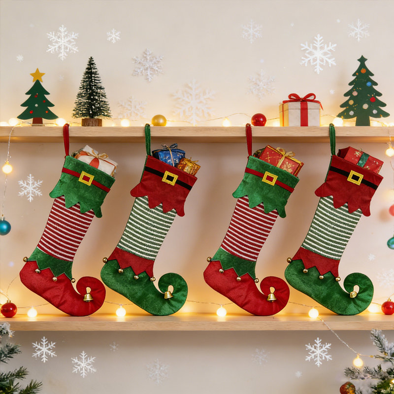 Ensemble de 4 bas de Noël 22 po Elf - 4 sacs-cadeaux de Noël écossais rouges et verts avec broderie détaillée pour cheminée