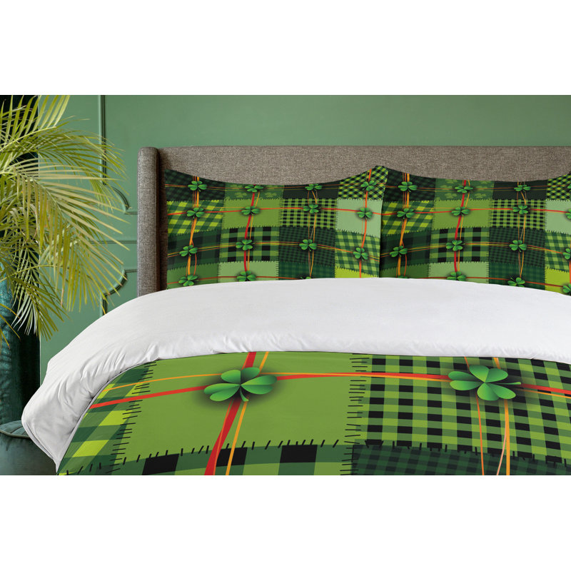 Twin Green Patchwork Style Duvet Cover Set with Clovers