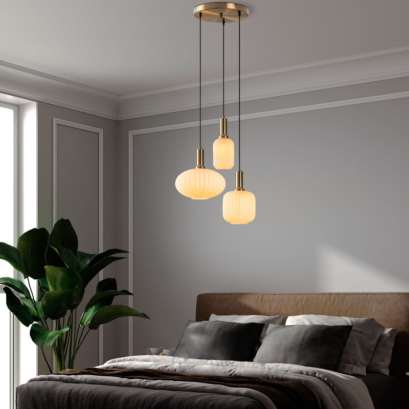 Élégant lustre doré, corps en métal et capuchons en verre, 21,7 po x 21,7 po x 51,2 po | 3 x douilles E27 (40 W maximum) | Parfait pour la salle à manger, le salon et le vestibule, luminaire élégant, indice de protection IP20, ampoules non incluses