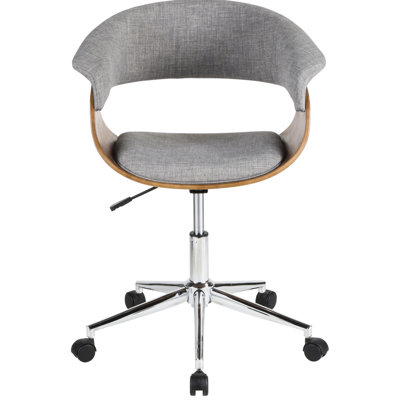 Mid - Century Walnut Wood And Grey Fabric Office Chair, Curved Cushioned Seat , 5 Finished Caster Wheels, Adjustable Height, 360 Swivel, Indoor Use On