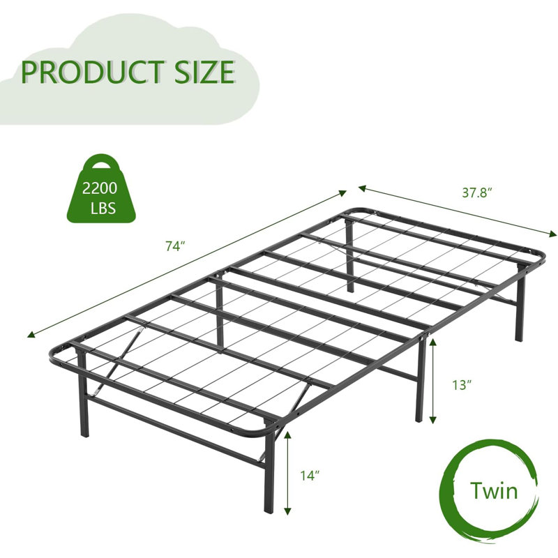 Base de lit pliable en métal noir robuste avec rangement sous le lit, hauteur de 14 po, sans sommier, Lit simple