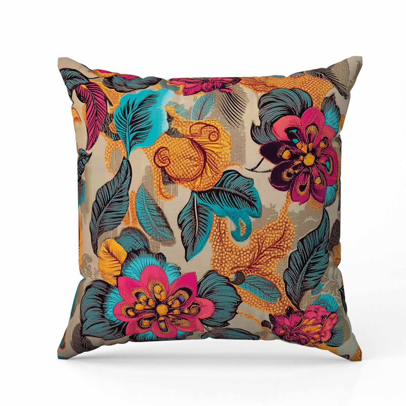 Oreiller Eclectic Garden, Carré 16 po, Bleu/rose/orange