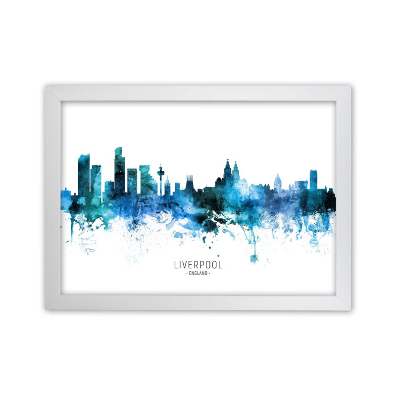 Liverpool England Skyline Blue City Name by Michael Tompsett - Print, 46cm H x 63cm W x 3cm D, White Framed