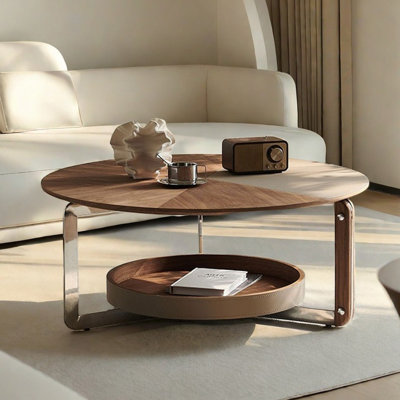 Round Coffee Table Walnut Wood Saddle Leather