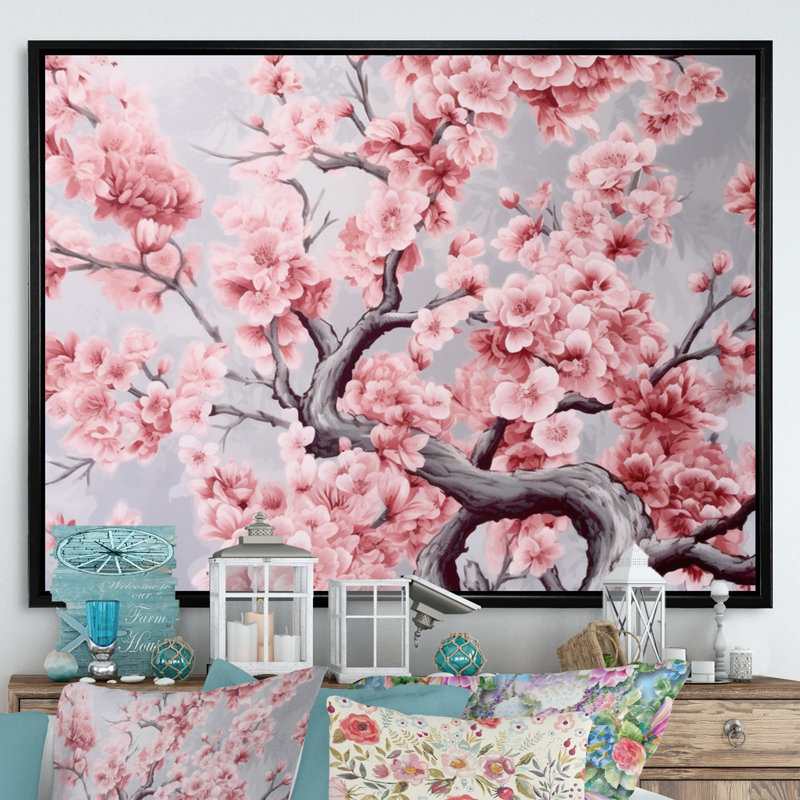 «Cherry Blossum Flower Whispers V», reproduction sur toile, Cadre flottant noir, 24" H x 32" W