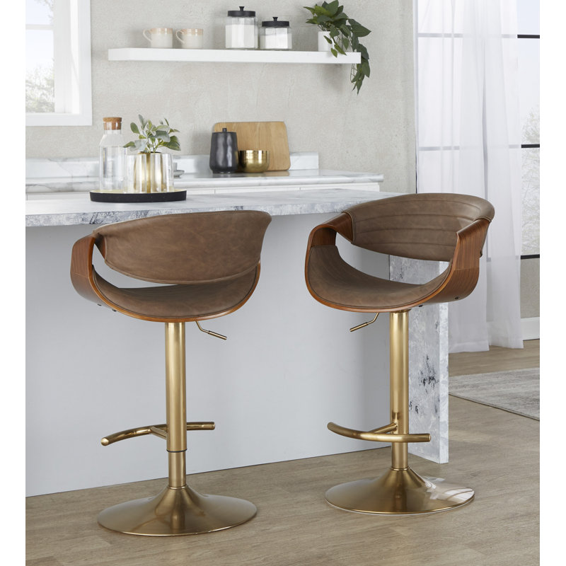 Arabelle Adjustable Faux Leather Bar Stool with Rounded T Footrest (Set of 2), Espresso, Gold