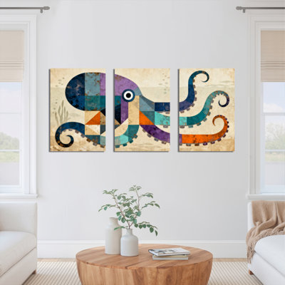 Geometric Octopus Abstract Canvas Wrapped Wall Art, Oil Painting Print (Set of 3)