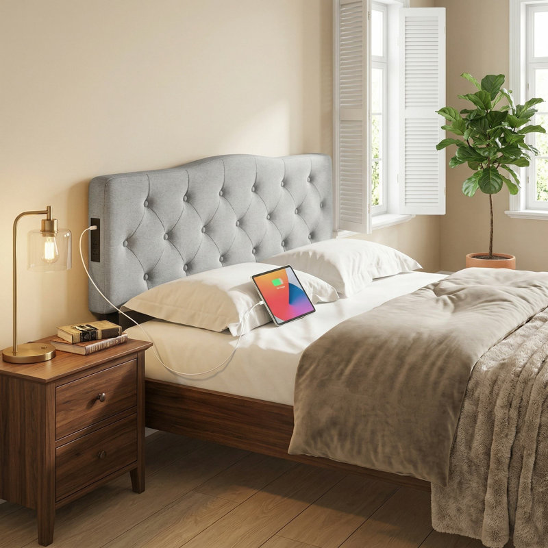 Queen/Full Size Universal Tufted Upholstered Headboard, Built-In 2 AC Outlets & Adjustable Mounting Height, Stain-Resistant Soft Fabric