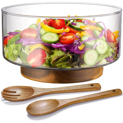 Grand bol à salade en verre avec base en bois d'acacia et pinces de service, bol de service moderne de grande capacité pour le divertissement à domicile