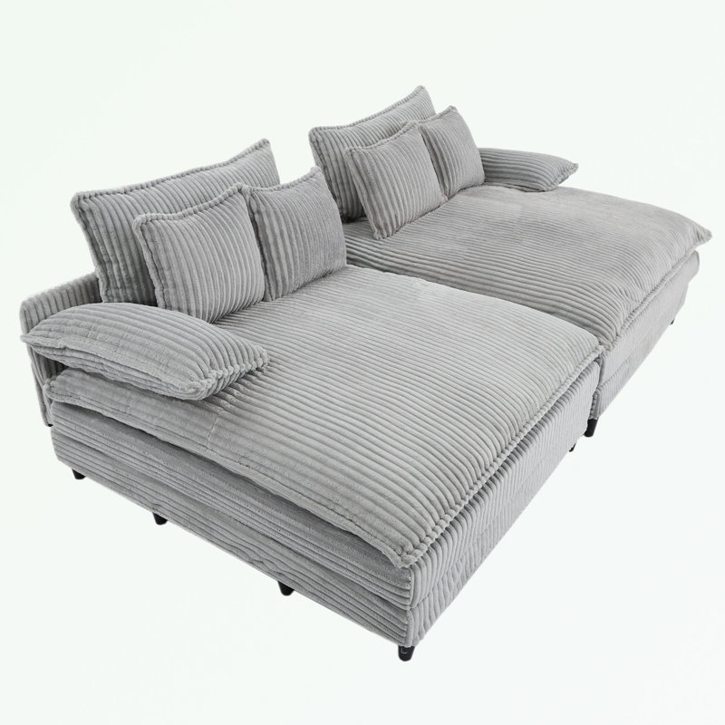 Corduroy Double Lounge Chaise with 4 pillows, Gray Corduroy