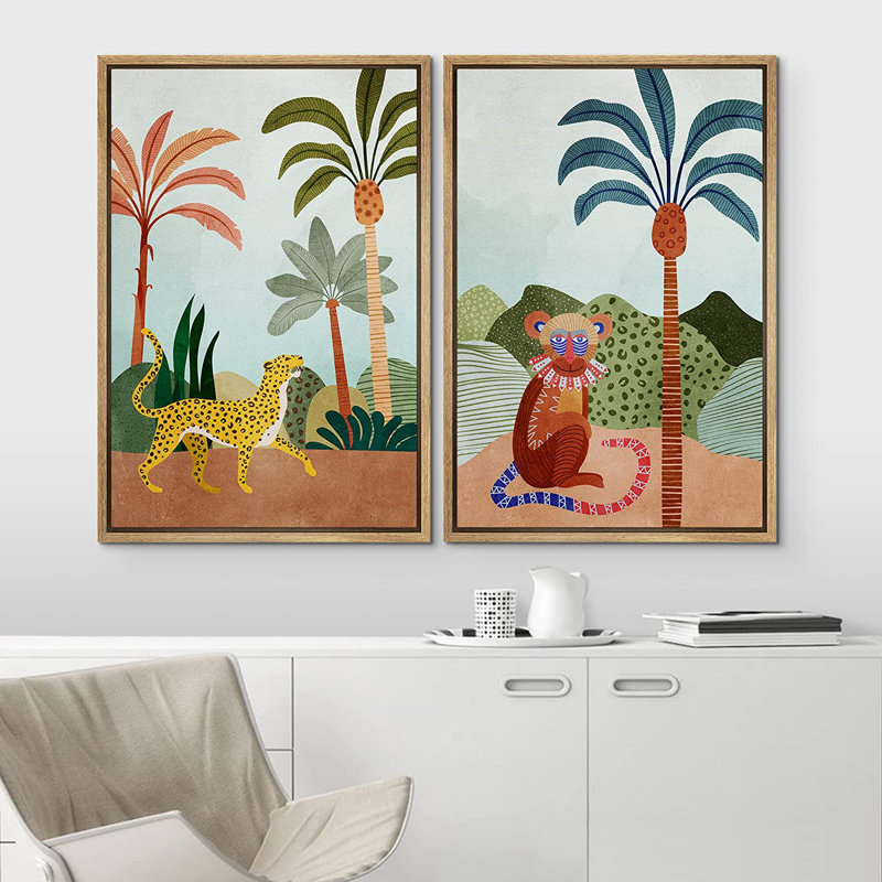 «Bright Preppy Animals Wild Wild Jungle Safari Cheetah and Monkey Nature», ensemble de 2 impressions encadrées sur toile