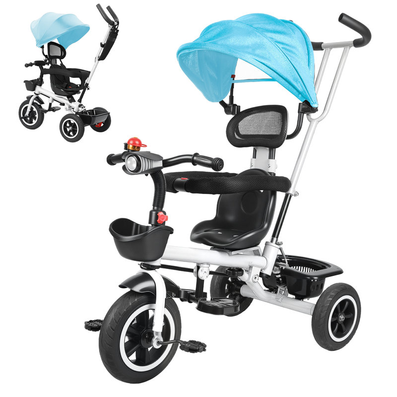 Children Trike, Kids Tricycle with Adjustable Push Handle, Removable Canopy, Safety Harness, Music Headlight, Storage Basket, Kid Push Bike for 3-6 Years Old