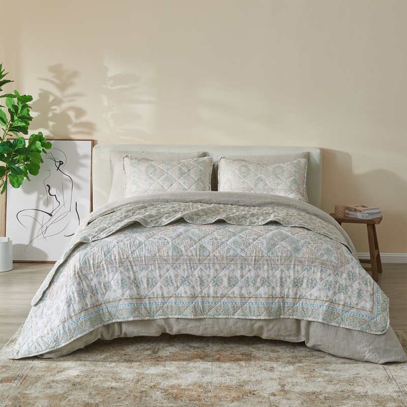Ensemble de courtepointe à bordure Boho, Vert sauge, Courtepointe double/grand et 2 taies décoratives