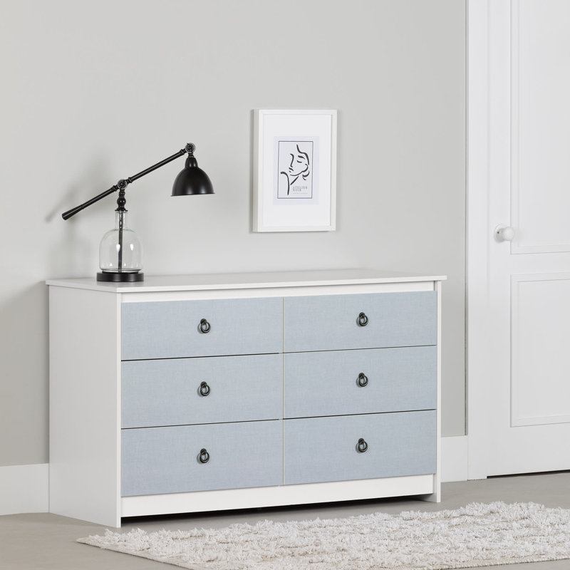 White and Blue Double 6-Drawer Dresser with Metal Handles