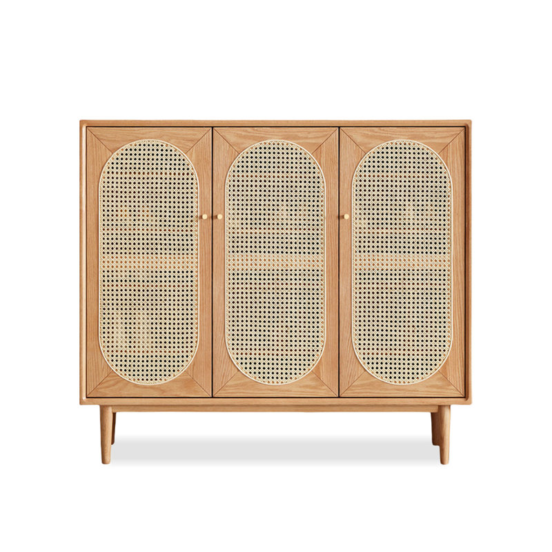 Burlywood Solid Wood + Rattan Shoe Storage
